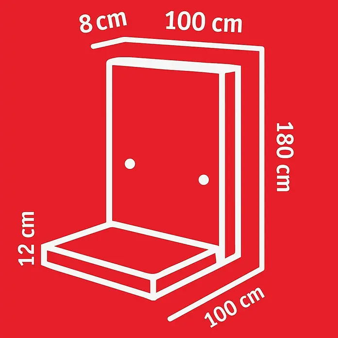 Diephaus L-Stein Slim - 180 cm, 100 cm, Stärke: 8 cm, Grau - Abbildung einer Duschbank mit detaillierten Maßangaben (8 cm Tiefe, 100 cm Breite, 12 cm Sitzhöhe und 180 cm Höhe).