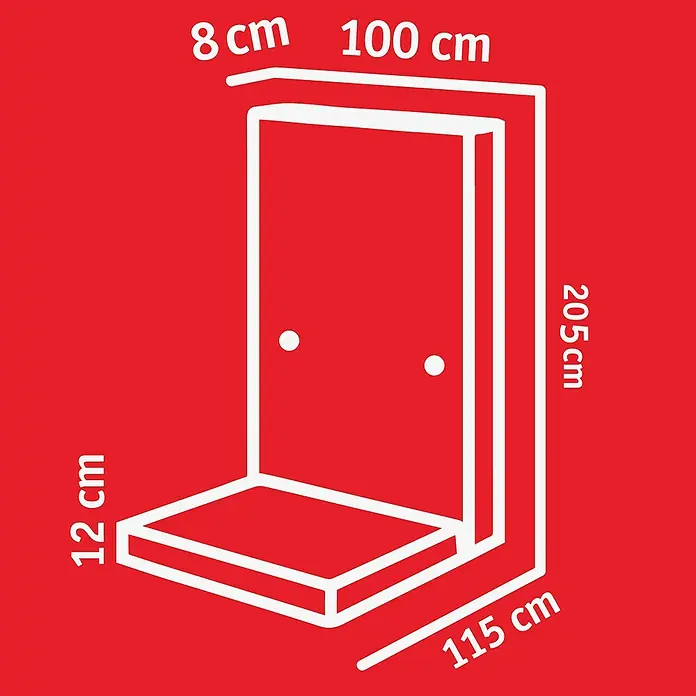 Diephaus L-Stein Slim - 205 cm, 100 cm, Stärke: 8 cm, Grau - Perspektivische Darstellung eines begehbaren Kleiderschranks mit detaillierten Maßangaben in Zentimetern.