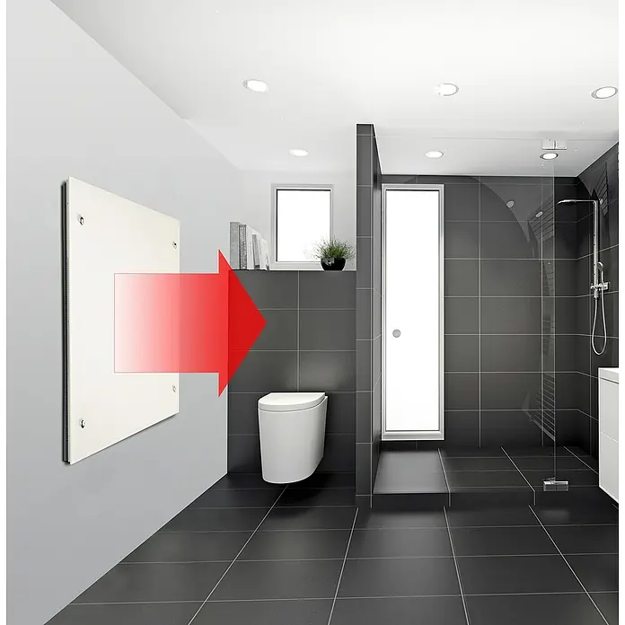 Admiral Infrarot-Glasheizkörper - 700 x 550 mm, 500 W, Weiß - Das Bild zeigt eine Badezimmerheizung mit Infrarotpaneel, das an der Wand montiert ist und für angenehme Wärme sorgt.