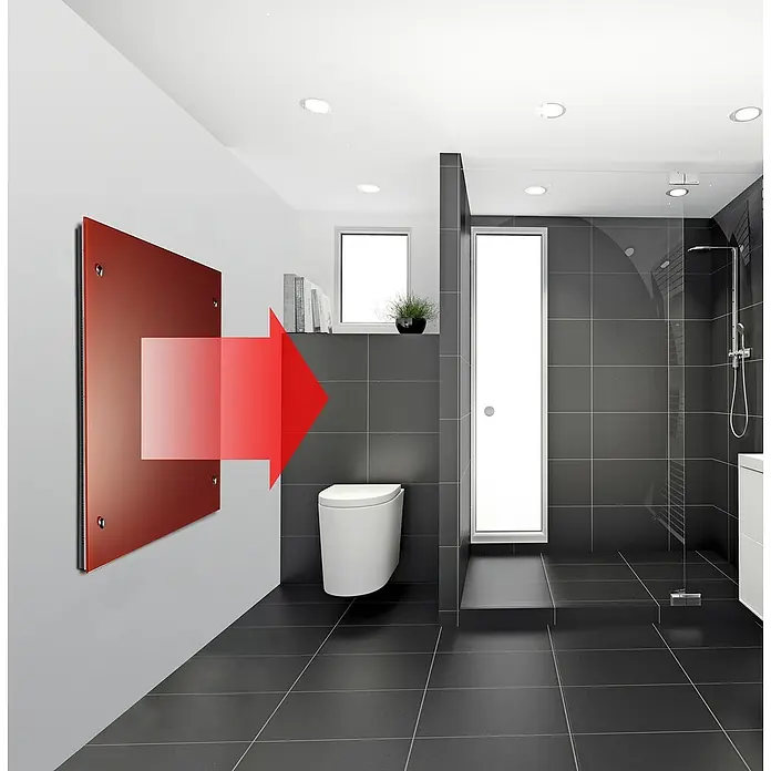 Admiral Infrarot-Glasheizkörper - 700 x 550 mm, 500 W, Rot - Modernes Badezimmerdesign mit Fokus auf eine quadratische, rote Heizplatte an der Wand, die durch einen Pfeil hervorgehoben wird.
