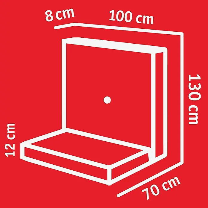 Diephaus L-Stein Slim - 130 cm, 100 cm, Stärke: 8 cm, Grau - Produktabbildung mit Abmessungen: Sitzhöhe 12 cm, Sitztiefe 70 cm, Sitzbreite 100 cm, Rückenlehnenhöhe 130 cm und Rückenlehnenstärke 8 cm.