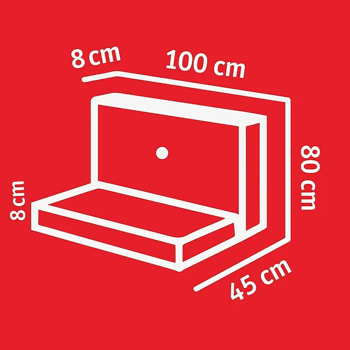 Diephaus L-Stein Slim - 80 cm, 100 cm, Stärke: 8 cm, Grau - Abbildung einer Wandmontage-Sitzbank mit den Maßen 8 cm Höhe, 100 cm Breite, 80 cm Höhe und 45 cm Tiefe.