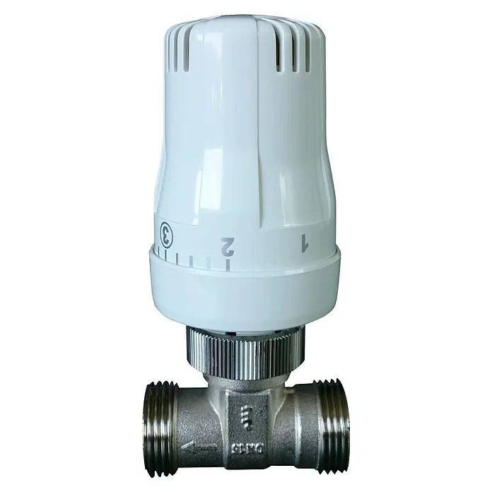 Admiral Regler-Set Water-Power Standard - Aufputz, ¾″ (Ausgang) - Thermostatventil mit weißem Einstellkopf und metallischem Anschlussstück. Ideal zur Temperaturregelung in Heizsystemen.