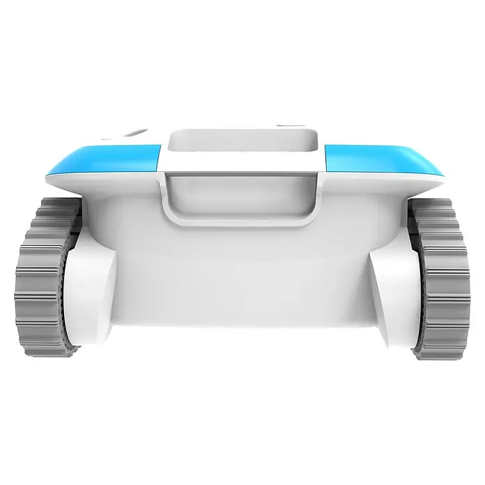 BWT Poolroboter Cosmy 100 - Netzbetrieben, Passend für: Pools bis 22.500 l Wasserinhalt, Filterleistung: 15.000 l/h - Ein robuster Poolreinigungsroboter in Weiß mit blauen Akzenten und Raupenantrieb für effiziente Reinigung.