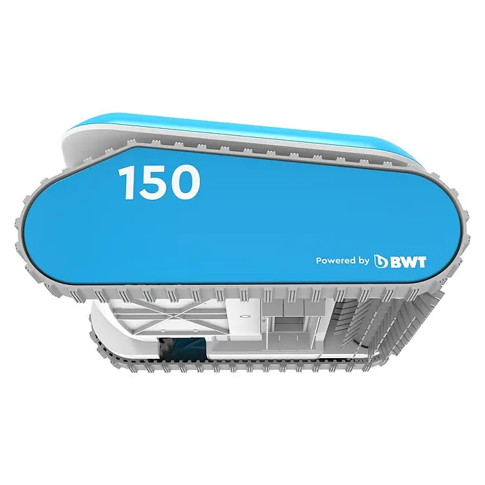 BWT Poolroboter Cosmy 150 - Netzbetrieben, Passend für: Pools bis 30.000 l Wasserinhalt, Filterleistung: 15.000 l/h - Nahaufnahme eines BWT Poolreinigungsroboters. Das Gerät ist blau und weiß, mit der Aufschrift "150".