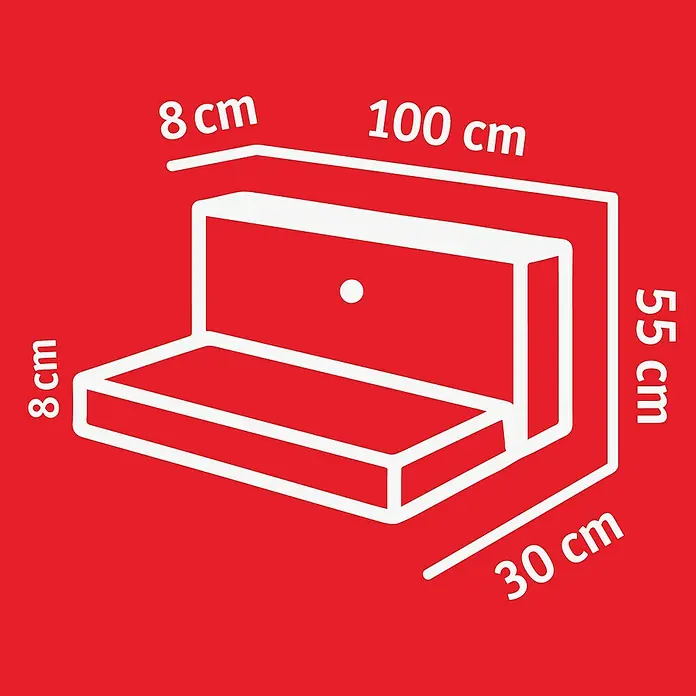 Diephaus L-Stein Slim - 55 cm, 100 cm, Stärke: 8 cm, Grau - Produkt-Abmessungszeichnung eines Wandregals in Weiß auf rotem Hintergrund mit Größenangaben in Zentimetern.
