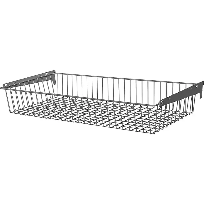 Element System Drahtkorb - 35 x 80 cm, Weiß/Aluminium, Geeignet für: Schiene Classic Raster 32 - Dieses Bild zeigt einen grauen, rechteckigen Drahtkorb mit Montagelaschen, ideal für Ordnung und Aufbewahrung.