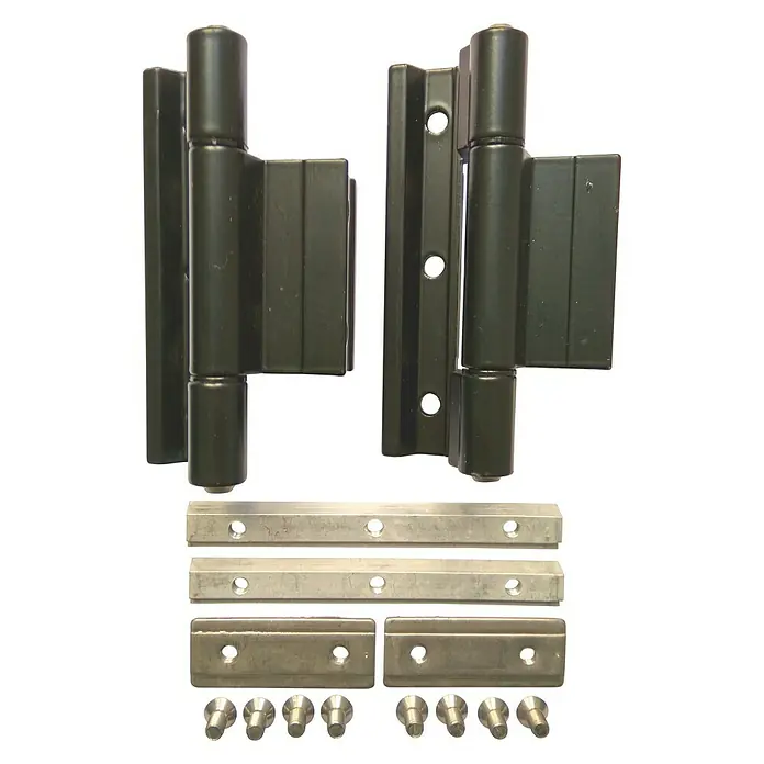 Bisagra reforzada - Largo: 105 mm, Negro, 2 ud. - Imagen de dos bisagras de puerta y accesorios de montaje. Ideal para proyectos de bricolaje y reparaciones de puertas.