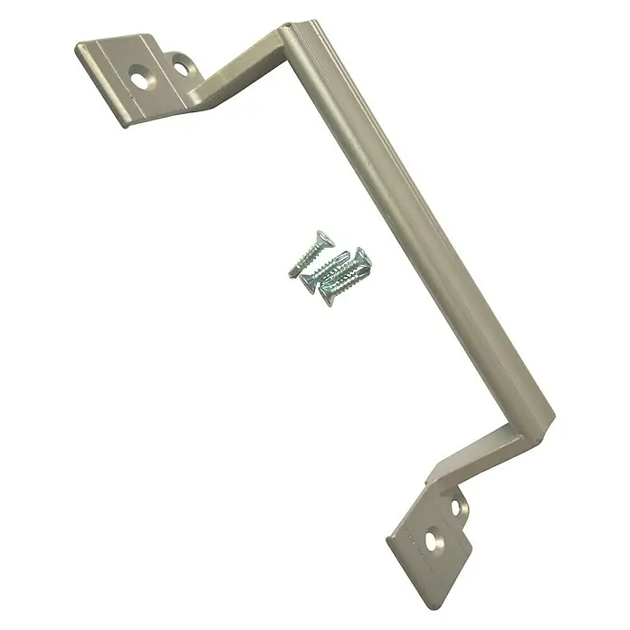 Manillón Asa - Distancia entre orificios: 128 mm, Plateado - Un tirador de mueble plateado con pestañas de montaje y tornillos, ideal para armarios y cajones, con un diseño robusto.
