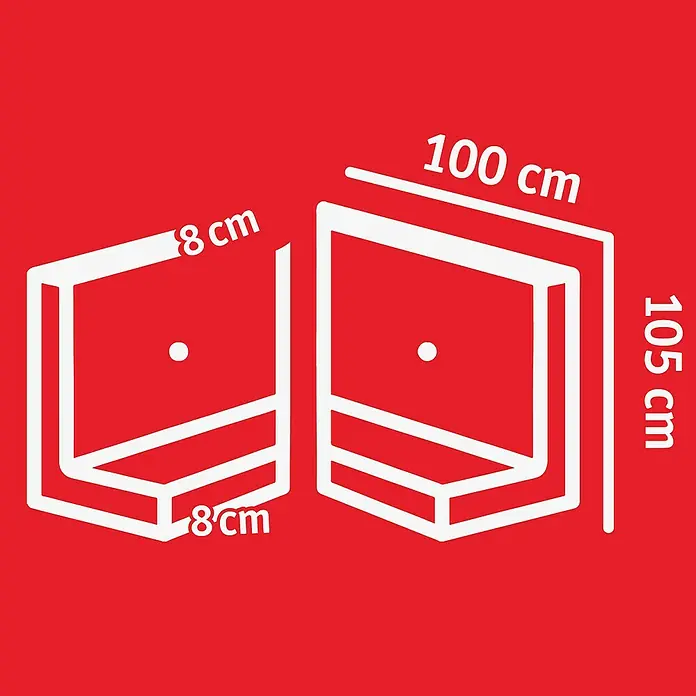 Diephaus L-Stein Slim Außenecke - 105 cm, 100 cm, Stärke: 8 cm, Grau - Abbildung von zwei weißen Regalen mit Größenangaben auf rotem Hintergrund. Die Regale haben unterschiedliche Abmessungen, 8x8 cm und 100x105 cm.