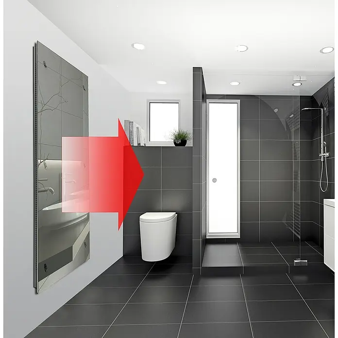 Admiral Infrarot-Spiegelheizkörper - 450 x 1.200 mm, 850 W - Modernes Badezimmerdesign mit stilvollen grauen Fliesen, einer Toilette und einer Dusche.