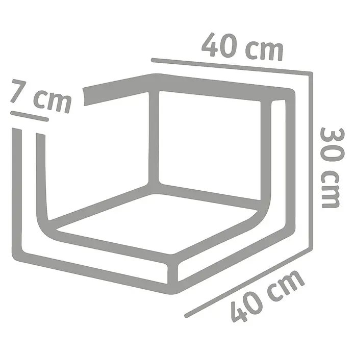 Diephaus L-Stein Außenecke - 30 cm, 40 cm, Stärke: 7 cm, Grau - Schematische Darstellung einer Duschkabine mit den Maßen 40 x 40 x 30 cm und einer Stärke von 7 cm.