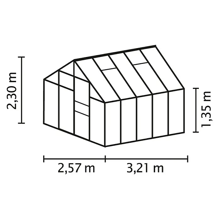 Vitavia Gewächshaus Merkur 8300 Plus - Außenmaß inkl. Dachüberstand (B x T): 257 x 321 cm, 3 mm, Smaragd - Eine schematische Darstellung eines Gewächshauses mit Maßangaben zu Höhe und Breite. Die Grafik zeigt das Design.