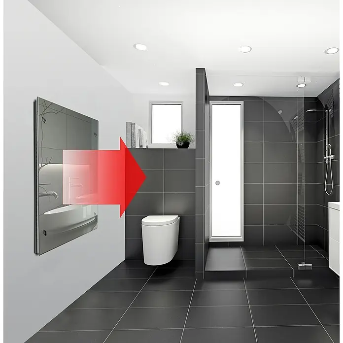 Admiral Infrarot-Spiegelheizkörper - 700 x 550 mm, 500 W - Badezimmerdesign mit moderner Toilette und Spiegel, die den Raum optisch vergrößern. Die dunklen Fliesen sorgen für Eleganz.