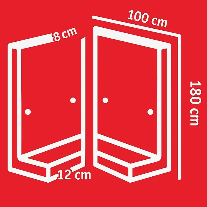 Diephaus L-Stein Slim Außenecke - 180 cm, 100 cm, Stärke: 8 cm, Grau - Schematische Darstellung einer Duschkabine mit Maßangaben für Höhe, Breite und Tiefe, ideal für Badplanung.