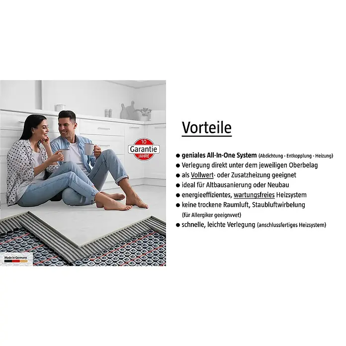 Jollytherm Fußbodenheizung Terra-Heat - B x L: 1 x 3 m, 308 W, Beheizbare Fläche: 2 m² - Bild von einer Flächenheizung mit den Vorteilen des Produkts aufgeführt, wie einfache Verlegung und Allergiker-Eignung.