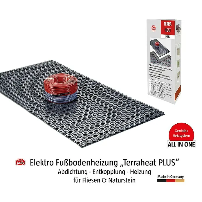 Jollytherm Fußbodenheizung Terra-Heat - B x L: 1 x 3 m, 308 W, Beheizbare Fläche: 2 m² - Produktbild der Terraheat PLUS Elektro Fußbodenheizung. Das innovative Heizsystem für Fliesen und Naturstein bietet Abdichtung, Entkopplung und Heizung.
