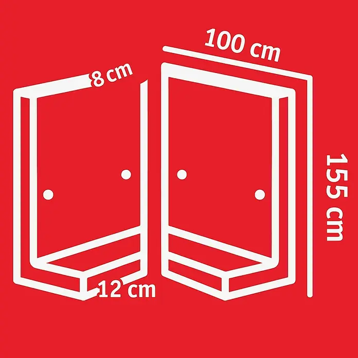 Diephaus L-Stein Slim Außenecke - 155 cm, 100 cm, Stärke: 8 cm, Grau - Illustration einer Duschkabine mit den Maßen 8 cm, 12 cm, 100 cm und 155 cm für detaillierte Produktinformationen.