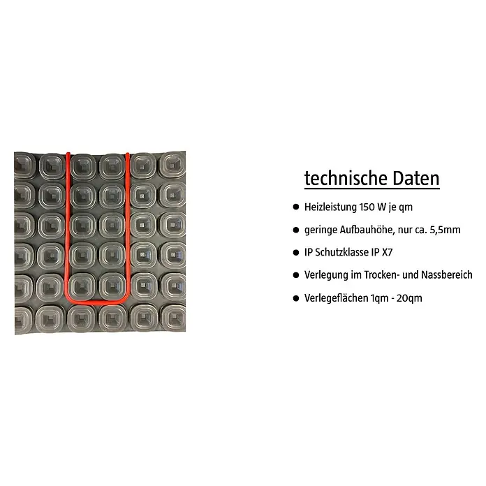 Jollytherm Fußbodenheizung Terra-Heat - B x L: 1 x 3 m, 308 W, Beheizbare Fläche: 2 m² - Fußbodenheizung mit technischen Daten. Heizleistung 150 W je qm, geringe Aufbauhöhe und IP Schutzklasse IP X7 für Trocken- und Nassbereich.