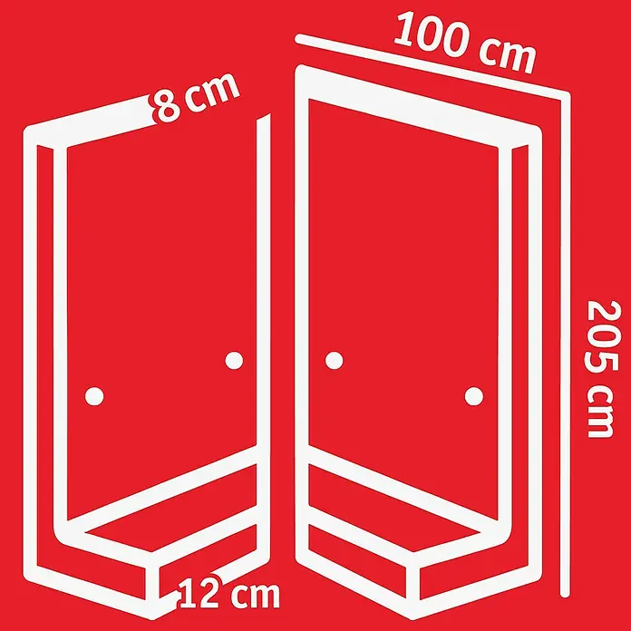 Diephaus L-Stein Slim Außenecke - 205 cm, 100 cm, Stärke: 8 cm, Grau - Darstellung eines Schranks mit den Maßen 8 cm, 12 cm, 100 cm und 205 cm in einer technischen Zeichnung.