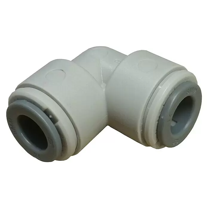 Rohrverbinder Winkel - Passend für: 8 mm Rohre - Weiß-grauer Kunststoff-Winkelsteckverbinder (90 Grad) für Sanitärschläuche.