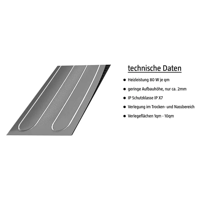 Admiral Fußbodenheizung Top-Power Select - L x B: 2 x 0,5 m, Beheizbare Fläche: 1 m², 80 W - Abbildung einer Flächenheizung mit technischen Daten wie 80 W Heizleistung, geringe Aufbauhöhe, IP X7 Schutz und variablen Verlegeflächen.