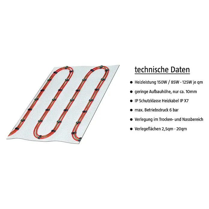 Jollytherm Fußbodenheizung Hybrid Vario-Heat - Beheizbare Fläche: 5 m², 150 W - Das Bild zeigt eine elektrische Fußbodenheizung mit technischen Daten wie Heizleistung und Schutzklasse.