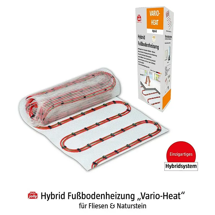 Jollytherm Fußbodenheizung Hybrid Vario-Heat - Beheizbare Fläche: 5 m², 150 W - Bild einer Jolly Hybrid Fußbodenheizung „Vario-Heat" für Fliesen und Naturstein, eine innovative Lösung für komfortable Wärme.