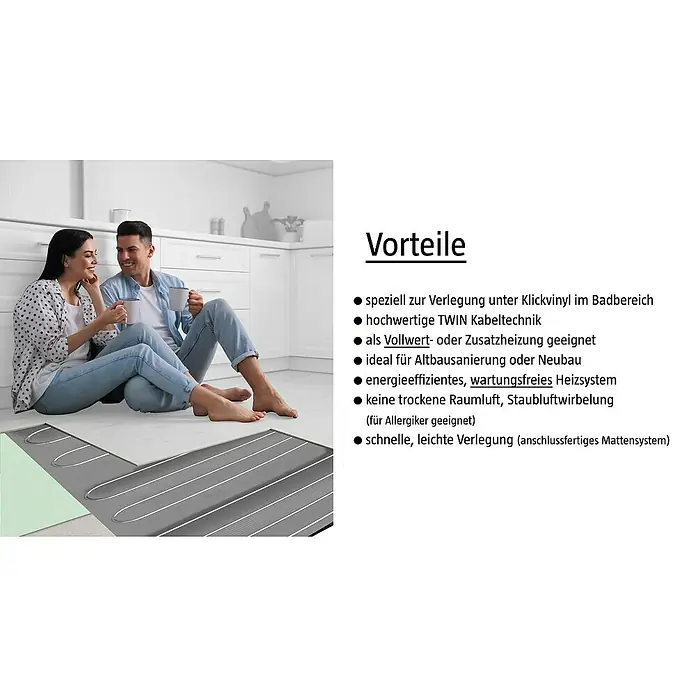 Admiral Fußbodenheizung Top-Power Select - L x B: 2 x 0,5 m, Beheizbare Fläche: 1 m², 80 W - Bild von Heizmatten unter Vinyl mit den Vorteilen wie TWIN Kabeltechnik, geeignet für Allergiker, schnelle Verlegung und für Badbereiche.