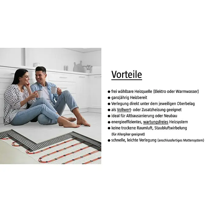 Jollytherm Fußbodenheizung Hybrid Vario-Heat - Beheizbare Fläche: 5 m², 150 W - Bild einer Fußbodenheizung, die unter dem Belag verlegt ist, mit den Vorteilen des Systems aufgeführt.
