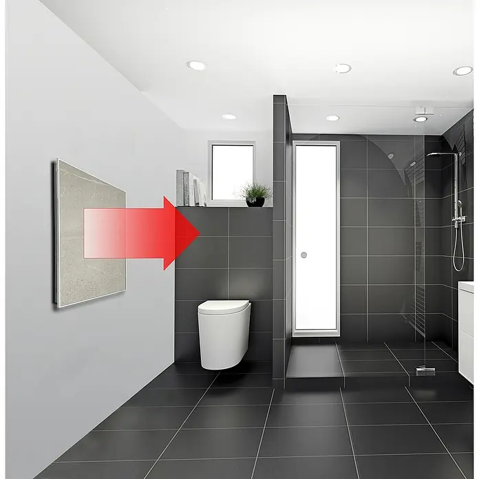 Jollytherm Infrarot-Keramikheizkörper - B x H: 60 x 60 cm, 365 W, Beton - Badezimmerinterieur mit WC, Dusche und Heizkörper mit Pfeil, der die Richtung der Wärme anzeigt. Modernes Design mit grauen Fliesen.