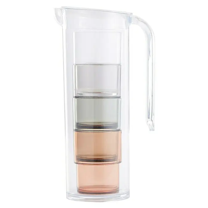 Jarra con vasos - Capacidad volumétrica: 1 l, Plástico - Elegante jarra de agua transparente con diseño minimalista e inserciones de colores, perfecta para un uso diario con estilo.