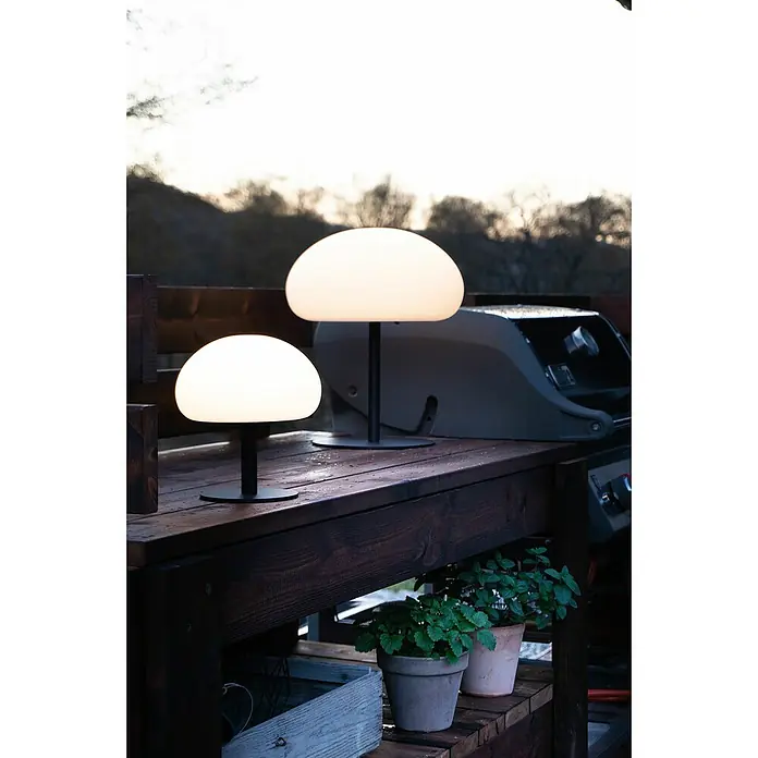 Nordlux Sponge Akku-Tischleuchte - Schwarz, Weiß, Warmweiß, 4,8 W, IP65 - Zwei leuchtende Pilzlampen aus Glas auf einer dunklen Holzoberfläche, die eine stimmungsvolle Beleuchtung im Außenbereich bieten.