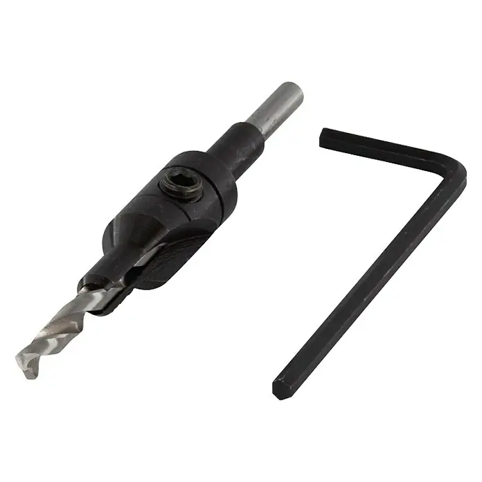 Wolfcraft Broca para madera con avellanador 3,5 - 9,5 mm - 1 ud., Diámetro de la broca: 150 mm - La imagen muestra una broca de avellanado con una llave Allen, una herramienta para crear agujeros avellanados perfectos.