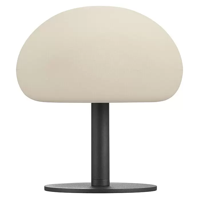 Nordlux Sponge Akku-Tischleuchte - Schwarz, Weiß, Warmweiß, 4,8 W, IP65 - Domeförmige beigefarbene Tischleuchte mit schwarzem Ständer und Fuß.
