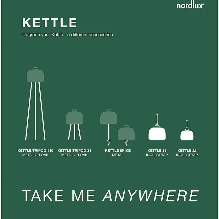 Nordlux Akku-Pendelleuchte Kettle 22 - 4,8 W, Warmweiß - Das Bild zeigt verschiedene KETTLE Zubehörteile: Tripod 110, Tripod 31, Spike aus Metall, KETTLE 36 inkl. Strap und KETTLE 22 inkl. Strap von Nordlux.