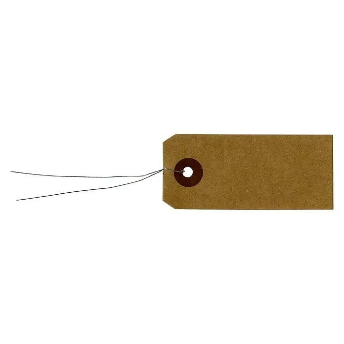 Artemio Pieza decorativa - 50 ud., Papel, 4 x 9 cm - Primer plano de una etiqueta de precio de cartón marrón con un agujero y un cordón para fijar a los productos.