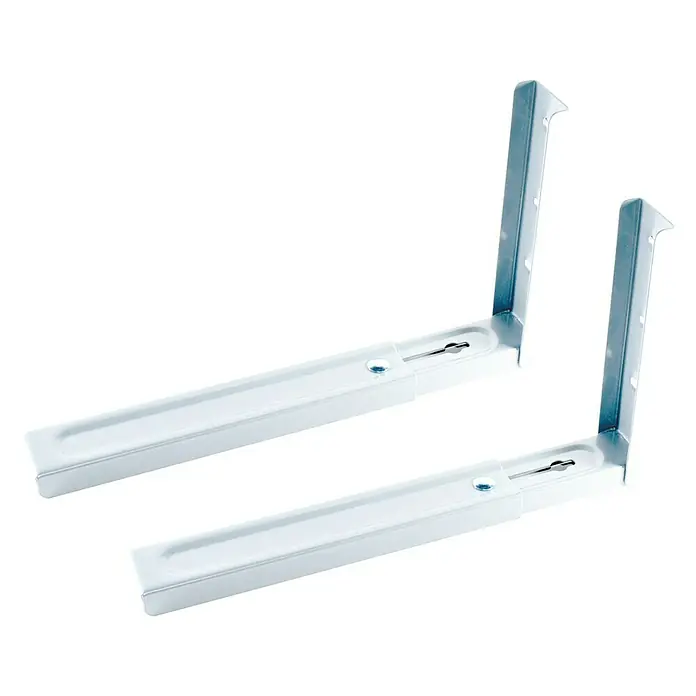Micel Soporte de microondas - Acero, Gris, Carga límite balda: 40 kg - Primer plano de dos soportes metálicos ajustables para microondas en blanco, perfectos para electrodomésticos de cocina.
