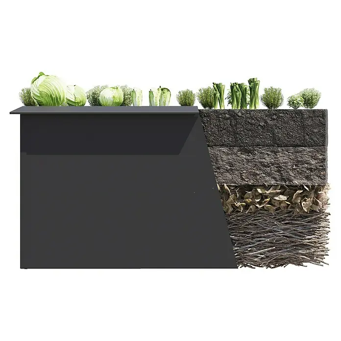 KHW Hochbeet Demeter - M schmal - 82 x 44 x 61 cm, Kunststoff, Anthrazit - Hochbeet mit verschiedenen Gemüsesorten. Es enthält u.a. Kohlköpfe, Salat, Kräuter und Spargel. Die Schichtung des Beets ist deutlich sichtbar.