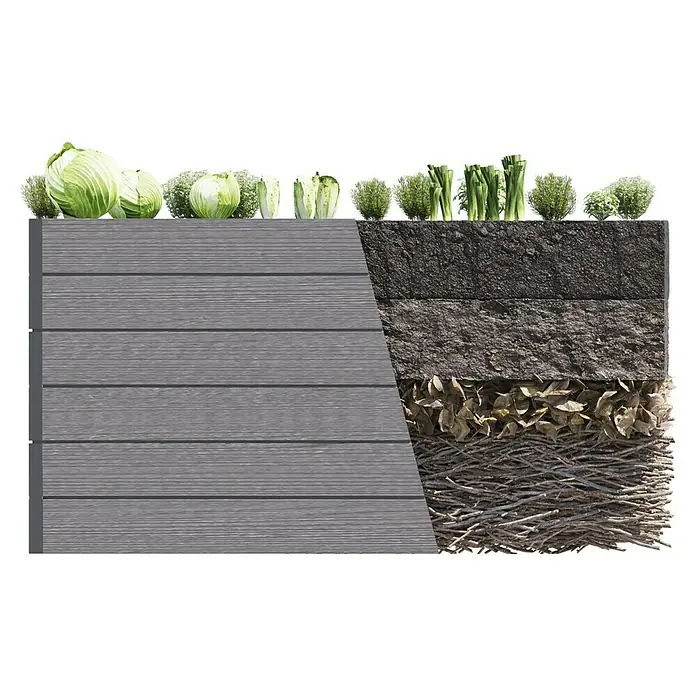 Juwel Hochbeet Timber - 130 x 60 x 80 cm, Kunststoff, Grau - Hochbeet mit verschiedenen Gemüsesorten und Kräutern, die in Schichten aus Holz, Blättern und Zweigen angeordnet sind.