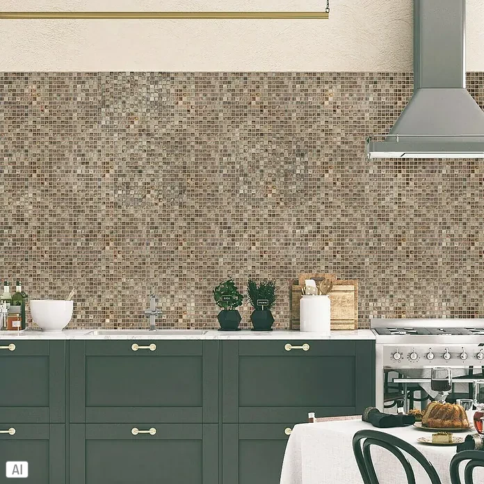 Mosaikfliese Quadrat Crystal Mix XCM M790 - 30,5 x 32,2 cm, Beige, Glänzend - Nahaufnahme einer Küchenrückwand mit einem Mosaikmuster in Erd- und Brauntönen, die eine warme und einladende Atmosphäre schafft.