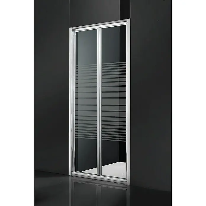 Mampara de ducha frontal Namdrik - An x Al: 90 x 195 cm, Vidrio serigrafiado, Plata - Imagen de una mampara de ducha moderna con puerta corredera, rayas horizontales y marco plateado, que muestra un diseño de baño elegante.