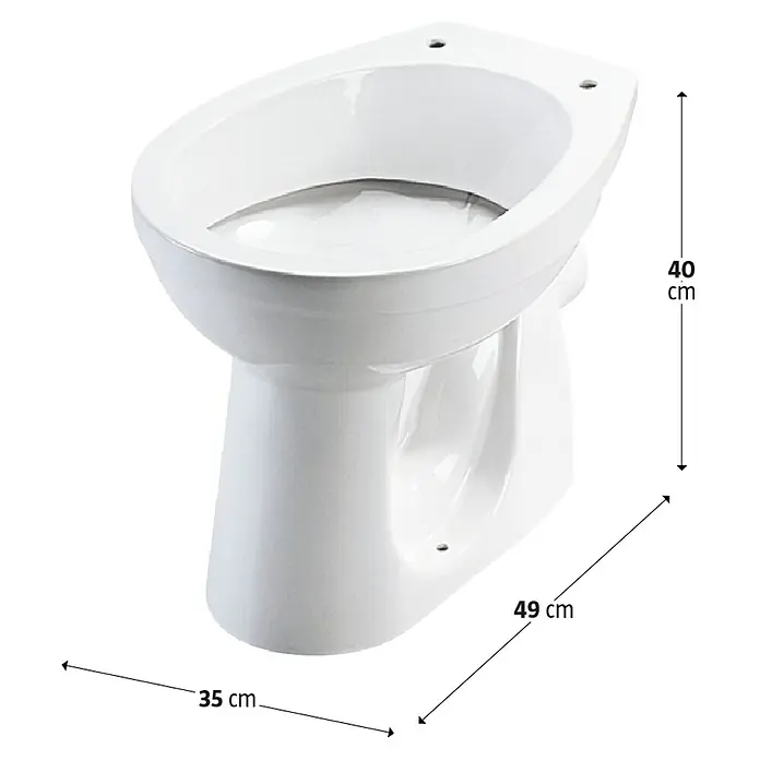 Simena Stand-WC - Mit Spülrand, Ohne Spezialglasur, Spülform: Tief, WC Abgang: Waagerecht, Weiß - Bild einer weißen Keramiktoilette mit den Maßen 40 cm Höhe, 49 cm Tiefe und 35 cm Breite.