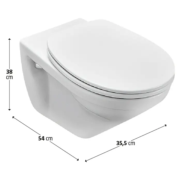 Villeroy & Boch Wand-WC Omnia Pro - Mit Spülrand, Mit schmutzabweisender Glasur, Spülform: Tief, WC Abgang: Waagerecht, Weiß - Seitenansicht einer wandhängenden Toilette mit den Maßen 38cm Höhe, 54cm Tiefe und 35,5cm Breite.