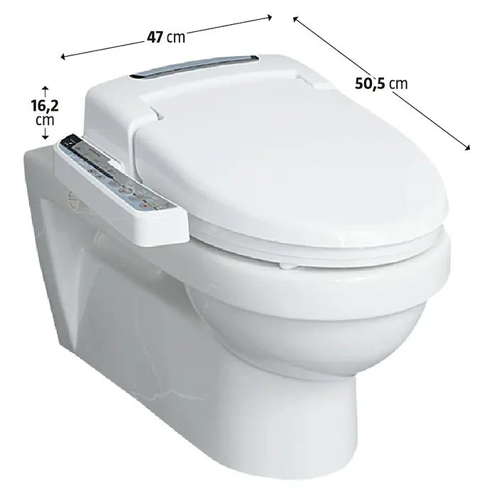 Dusch-WC-Sitz NB09D - Kunststoff, Weiß, Mit Absenkautomatik - Abbildung einer weißen Toilette mit den Maßen 47 cm, 50,5 cm und 16,2 cm, die die Größe des Produkts hervorhebt.