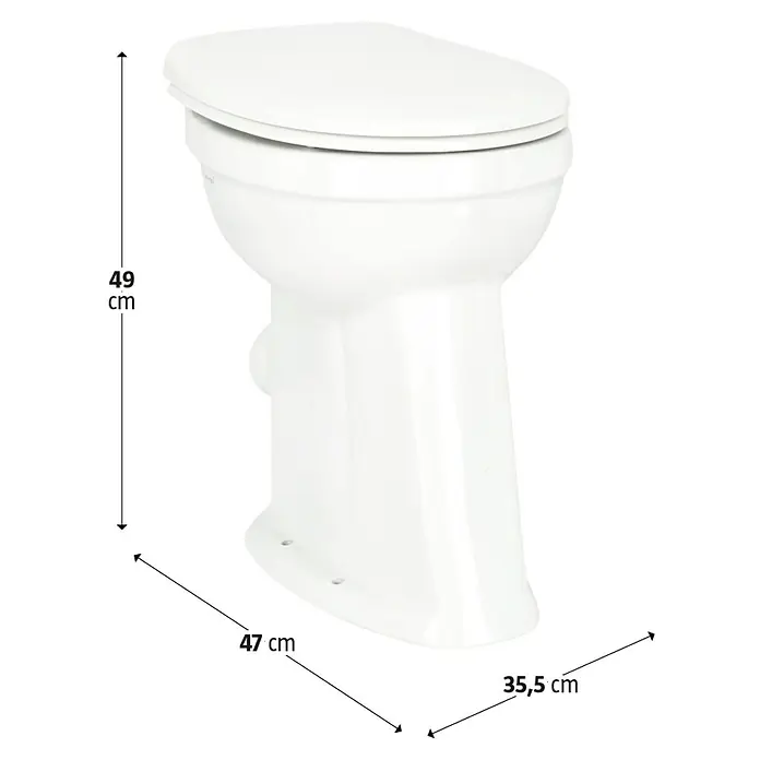 Camargue Stand-WC-Set Plus 100 - Mit Spülrand, WC Abgang: Waagerecht, Weiß - Ein weißes Stand-WC mit den Maßen 49 cm Höhe, 47 cm Breite und 35,5 cm Tiefe. Das WC hat eine ovale Form und einen aufgesetzten Spülkasten.