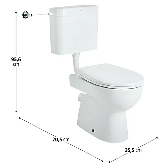Geberit Renova Stand-WC-Kombination -  - Hier ist eine Nahaufnahme einer weißen Toilette mit sichtbaren Maßen. Die Toilette hat eine Spülkasten und einen Sockel.
