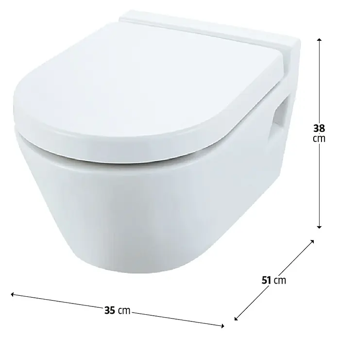 Camargue Empire Wand-WC - Mit Spülrand, Ohne Spezialglasur, Spülform: Tief, WC Abgang: Waagerecht, Weiß - Bild einer wandhängenden Toilette in Weiß mit den Maßen 38cm Höhe, 51cm Tiefe und 35cm Breite.