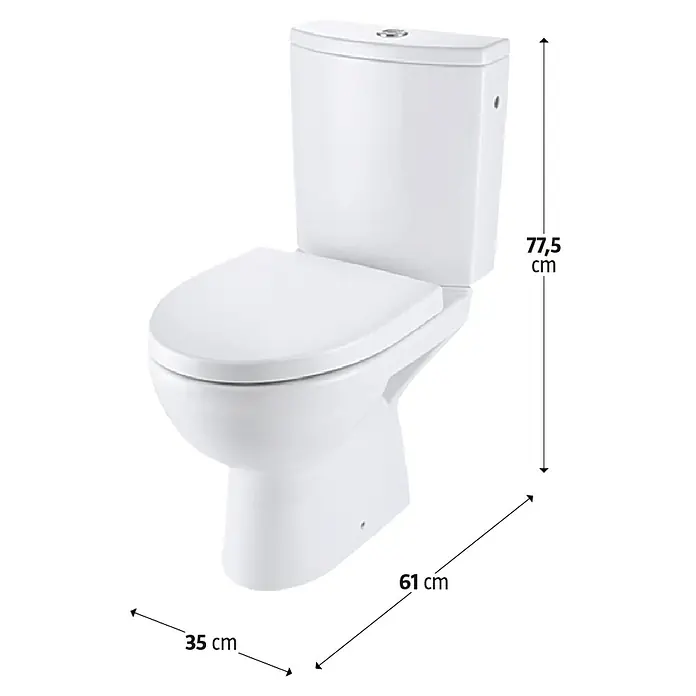 Stand-WC-Kombination Parva - Spülrandlos, Ohne Spezialglasur, Spülform: Tief, WC Abgang: Waagerecht, Weiß - Abbildung einer weißen Toilette mit den Maßen 77,5 cm Höhe, 61 cm Tiefe und 35 cm Breite.