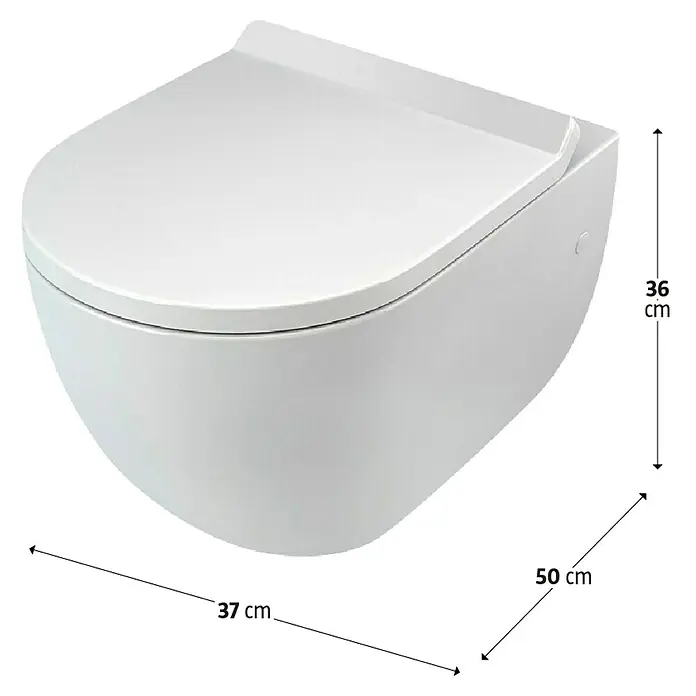 Camargue Wand-WC Rom - Spülrandlos, Ohne Spezialglasur, Spülform: Tief, WC Abgang: Waagerecht, Weiß - Abgebildete, wandhängende Toilette mit den Maßen 36x37x50 cm für moderne Badezimmerdesigns.
